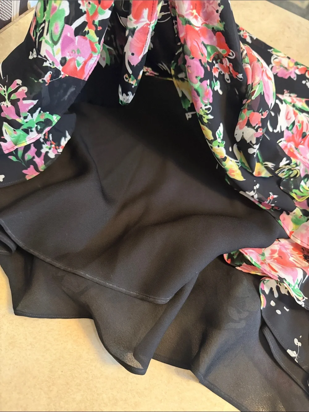 CHAPS Floral Ruffle Hem Skirt - Black with Pink & Green Floral XL